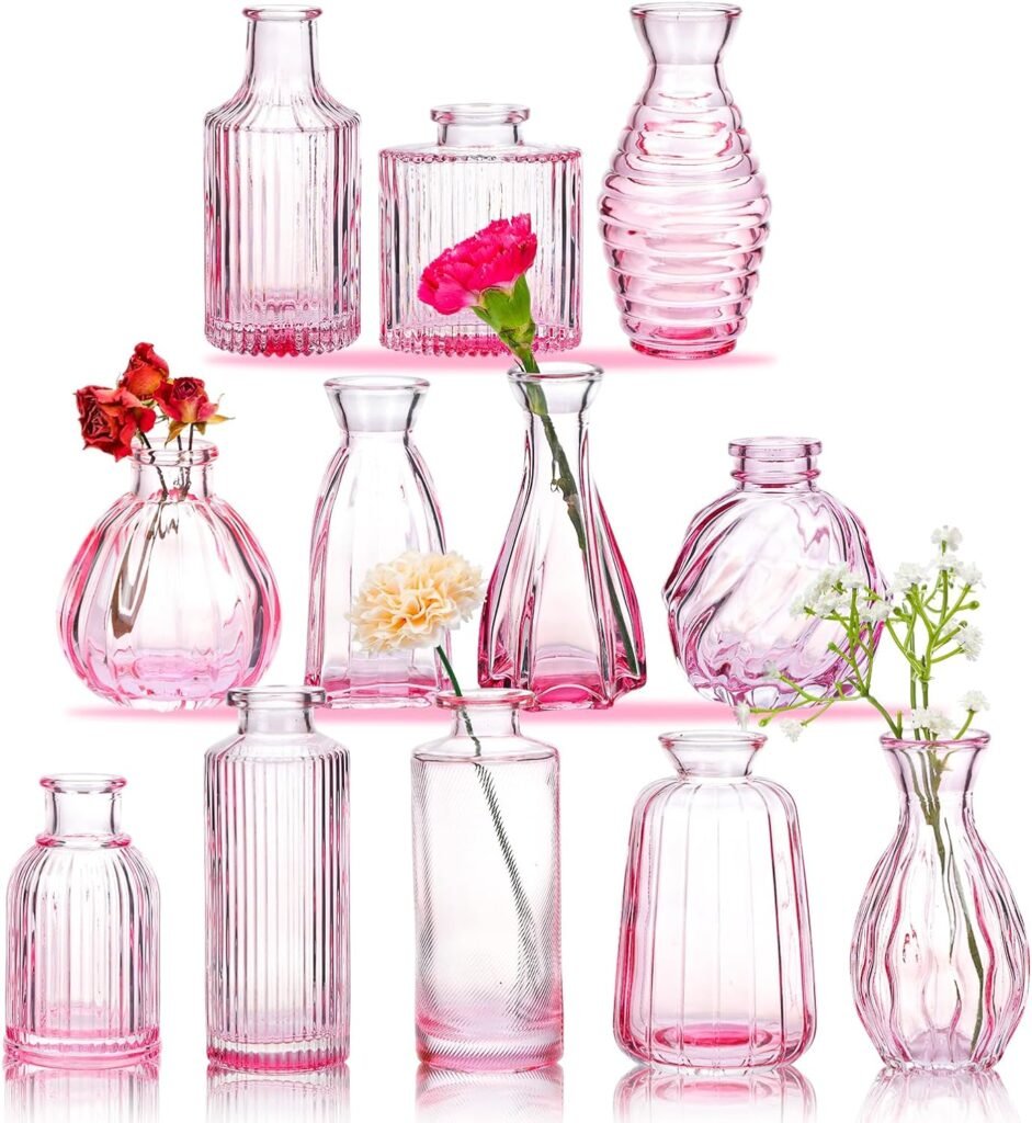 CEWOR 12pcs Glass Bud Vase Set, Small Vases for Flowers, Bud Vases for Centerpieces Mini Flower Vases in Bulk for Rustic Wedding Decorations Vintage Look Home Table Decor (Pink)