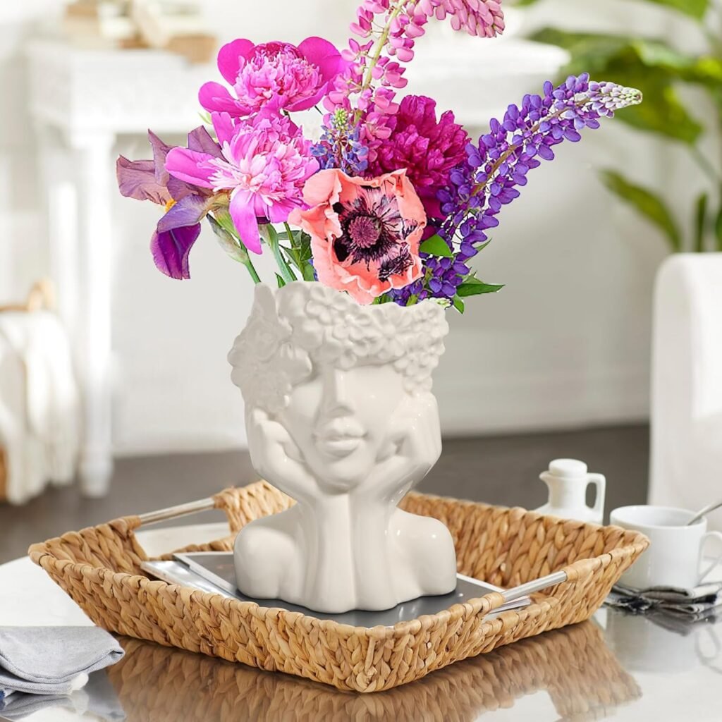 ComSaf White Ceramic Flower Vase for Decor,Modern Style Female Form Face Vase,Unique Flower Vase for Home Living Room Office Decor - Face Type A