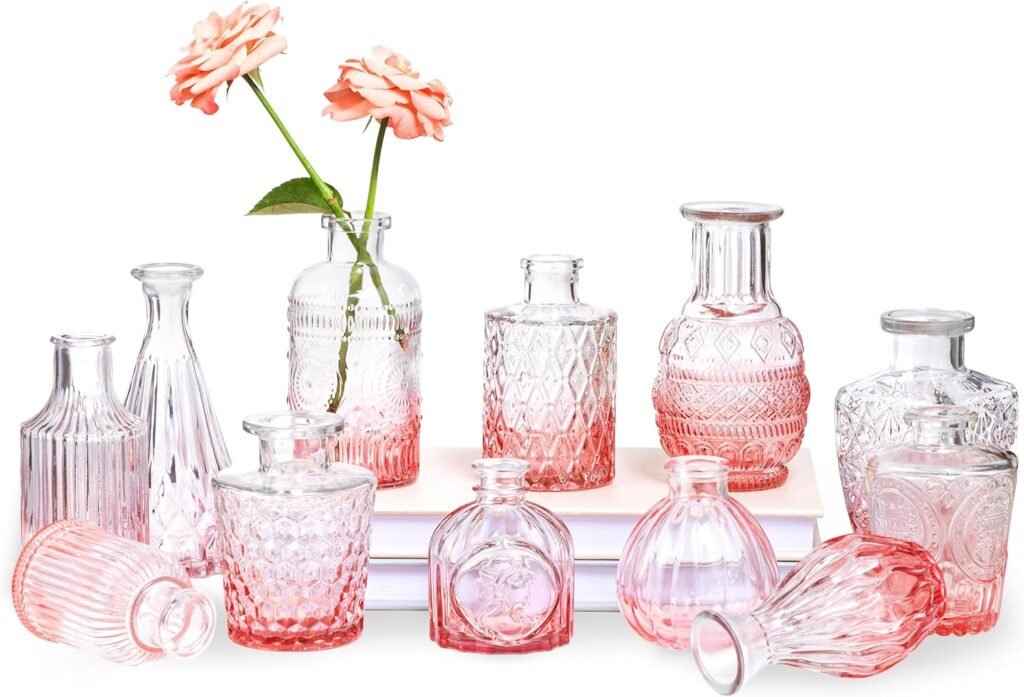 Jelofly Glass Bud Vases Set of 12, Small Vases for Flowers, Clear Bud Vases in Bulk, Cute Flower Glass Vases for Centerpieces, Mini Vintage Vase for Wedding Decorations, Rustic Home Table Decor(Pink)