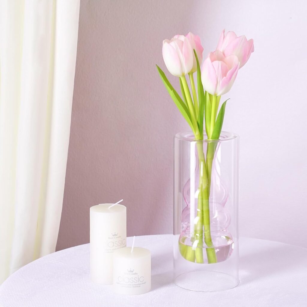 ZENS Modern Pink Glass Vase, Hand Blown Hollowed Out Bubble Decorative Glass Flower Vases for Wedding Decor Home Small Bouquet.