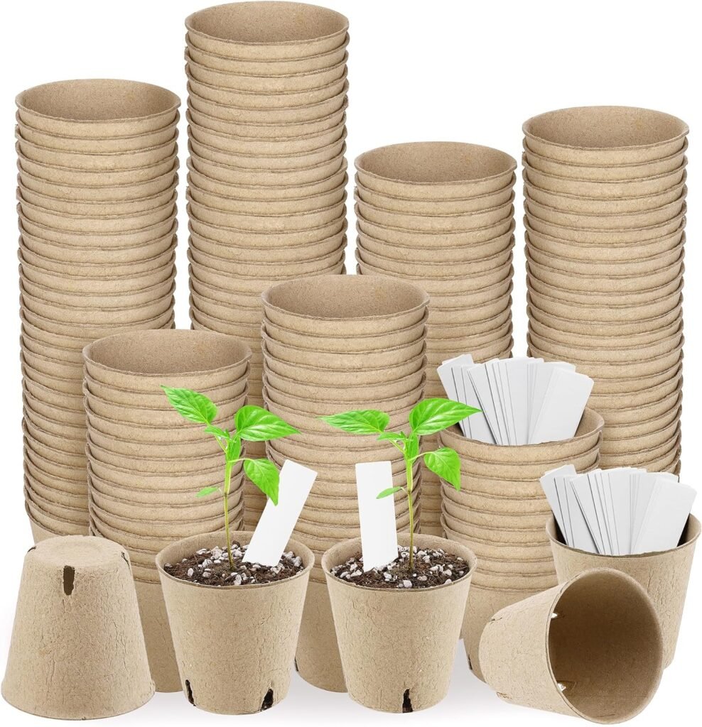 150 Pieces Peat Pots Seed Starters 3.15 Inch Peat Pots Round Biodegradable Seed Starting Pots with 80 Plant Labels, Planter Nursery Pots with Drainage Holes for Vegetable Seed