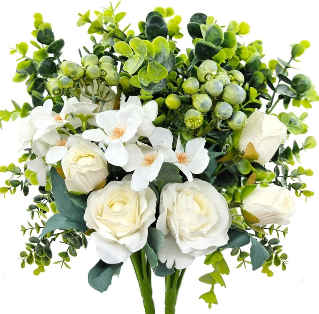 2 Pcs Artificial Flowers Bouquet with Silk Roses Plastic Eucalyptus Berries, Fake Plant Faux Floral Arrangements for Home Indoor Wedding Table Centerpieces Vase Decoration (White)