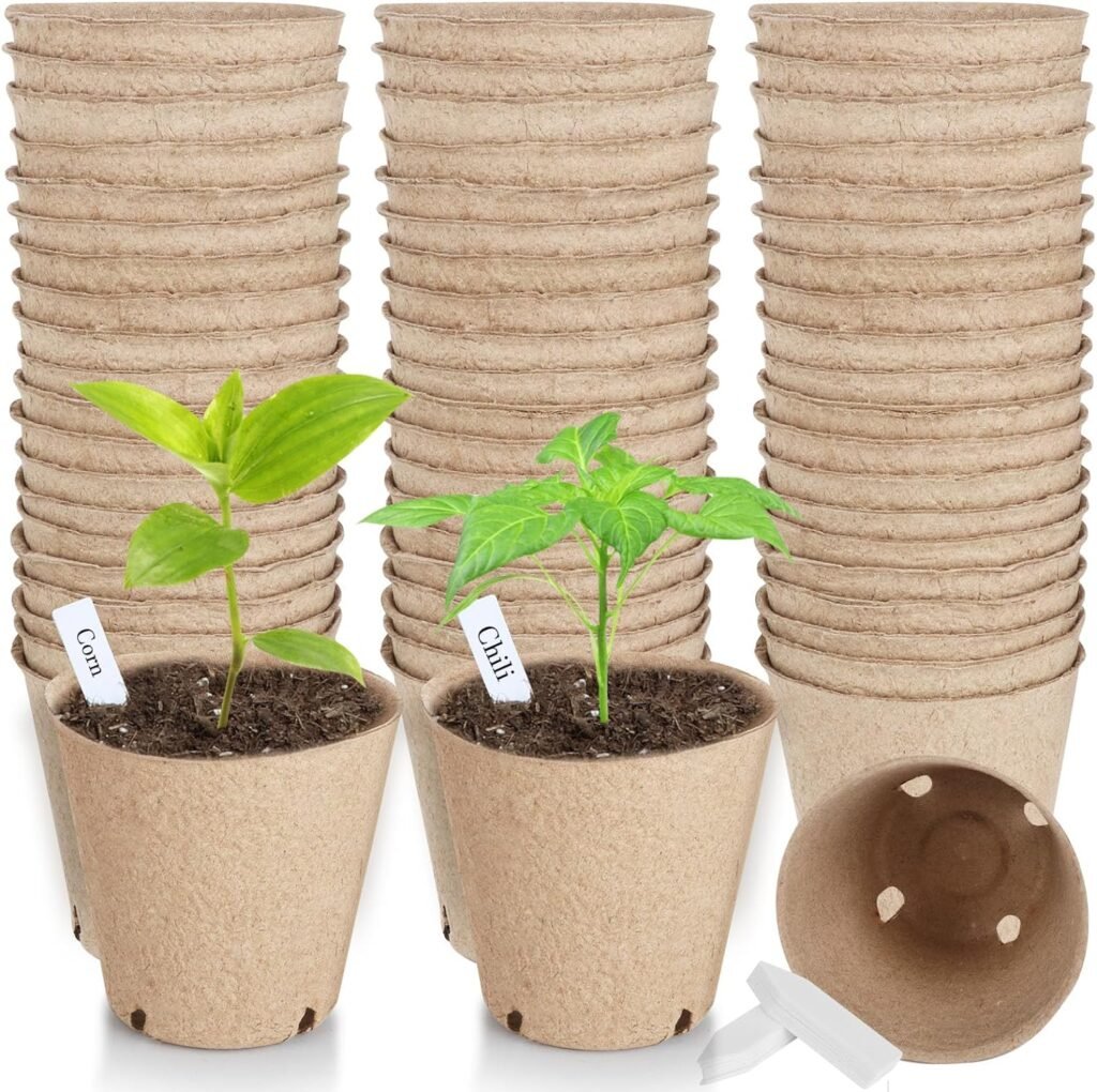 65 Pcs Organic Peat Pots, 3.15 Inch Nursery Pot Set, Round Plant Seedling Pots with Drainage Holes, Small Seed Starting Starter Tray Bulk, Garden Germination Container with 65 Planting Labels