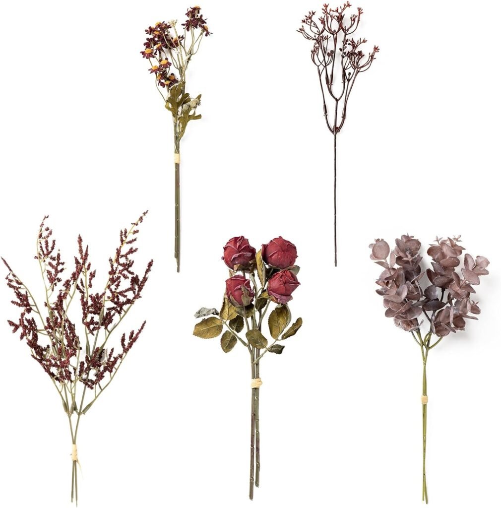 DuHouse Fall Flowers Single Greenery Stems Box Set Fake Red Rose Daisy Fall Eucalyptus Mixed Flowers with Stem for Wedding Bouquets Vase Floral Arrangement Fall Decoration