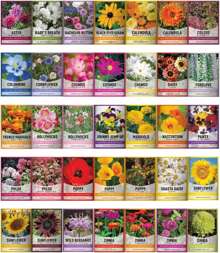 Gardeners Basics, Flower Seeds Packets for Planting 35 Individual Varieties Perennial, Annual, Wildflower Seeds for Planting Outdoors for Bees and Butterflies - Semillas de Flores Hermosas