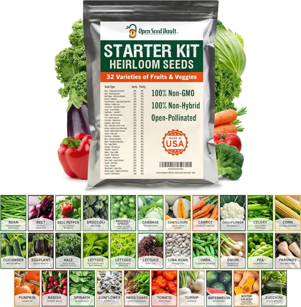 Open Seed Vault 15,000 Non GMO Heirloom Vegetable Seeds for Planting Vegetables and Fruits (32 Variety Pack) - Gardening Seed Starter Kit, Survival Gear Food, Gardening Gifts, Prepper Supplies