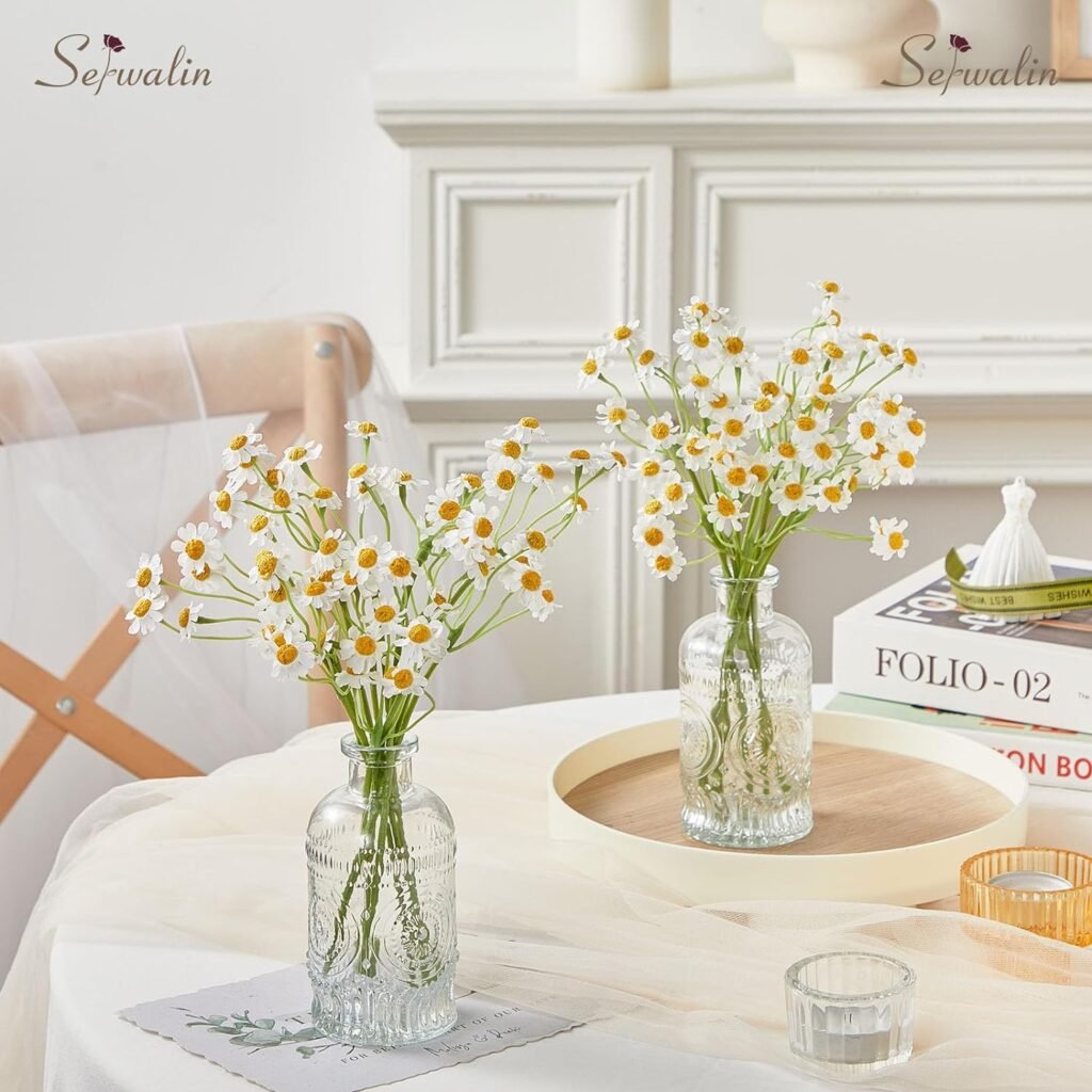 Serwalin 2 Pack Artificial Daisy Flowers in Vase, 8 Pcs Daisy Flowers Bouquet Floral Arrangements, Spring Fake Flowers in Vase for Home Decor