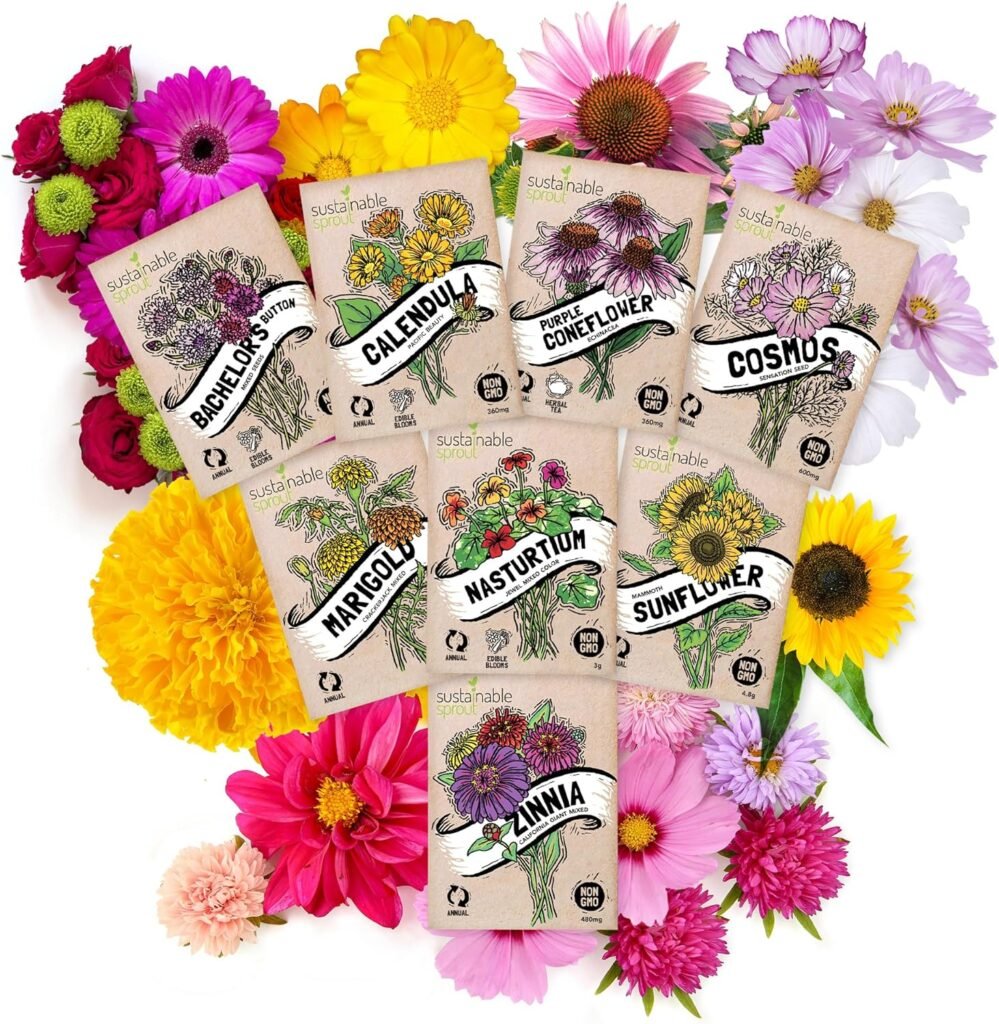 SUSTAINABLE SPROUT Flower Seeds Variety Pack of 8: Zinnia, Nasturtium, Marigold, Purple Coneflower, Cosmos, Calendula, Bachelors Button  Sunflower Seeds, Non GMO Flower Seeds Packets for Planting