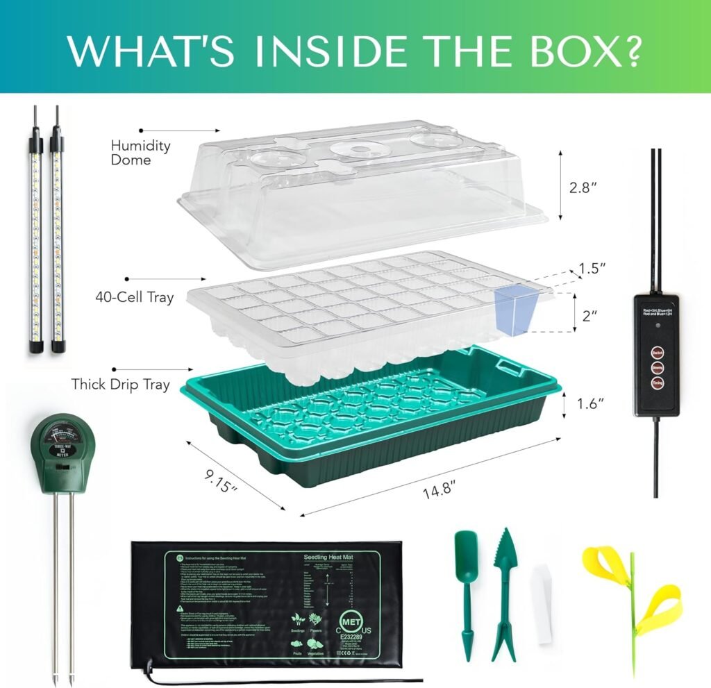 Upgraded Seed Starter Tray with Grow Lights and Heat Mat, 3-in-1 Soil Meter,  Sticky Gnat Traps, 40-Cell Seed Growing Tray, Germination  Plant Propagation Station for Indoor Plants