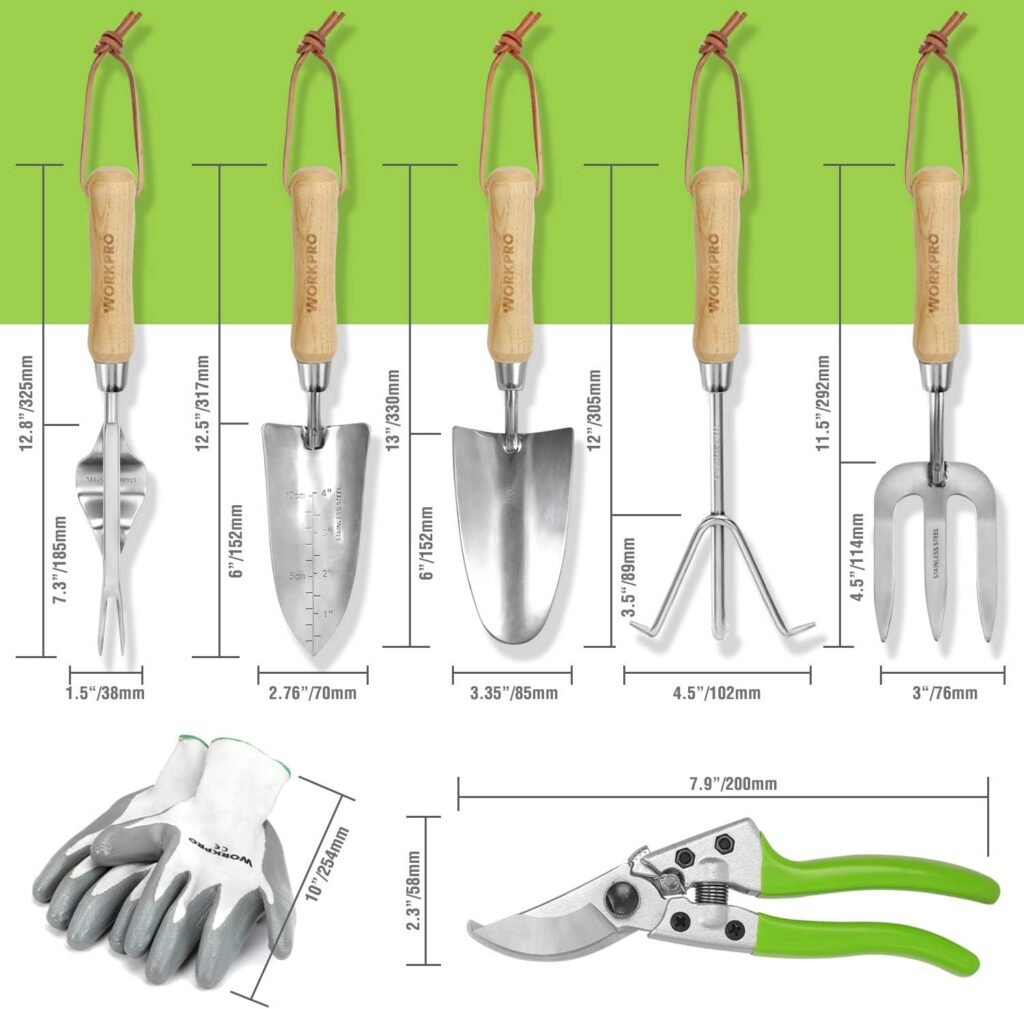 WORKPRO Garden Tools Set, 7 Piece, Stainless Steel Heavy Duty Gardening Tools with Wooden Handle, Including Garden Tote, Gloves, Trowel, Hand Weeder, Cultivator and More-Gardening Gifts For Women Men