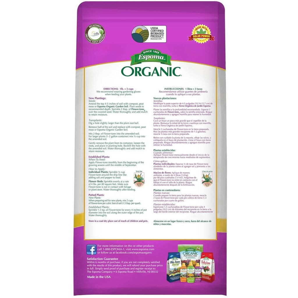 Espoma Organic Flower-Tone 3-4-5 Natural  Organic Plant Food; 4 lb. Bag; Organic Fertilizer for Flowers, Annuals, Perennials  Hanging Baskets. Blossom Booster