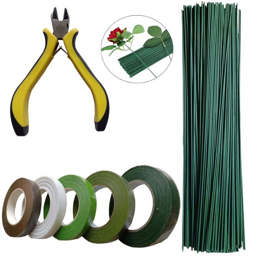 Floral Arrangement Kit Tools Wire Cutter Stem Floral Trimming Scissors Floral Wire 50 Pcs 16, Green Floral Tapes for Bouquet Stem Wrap (5Roll Floral Tape,1 Wire Cutter)