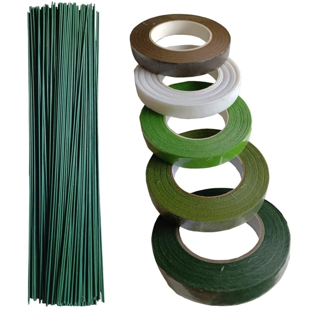 Floral Arrangement Kit, with 3 Rolls Green Flower Paper Tape and (2 Guage) 16 Floral Stem Wire 50pcs for Bouquet Stem Wrap Florist, Wreath Making Supplies