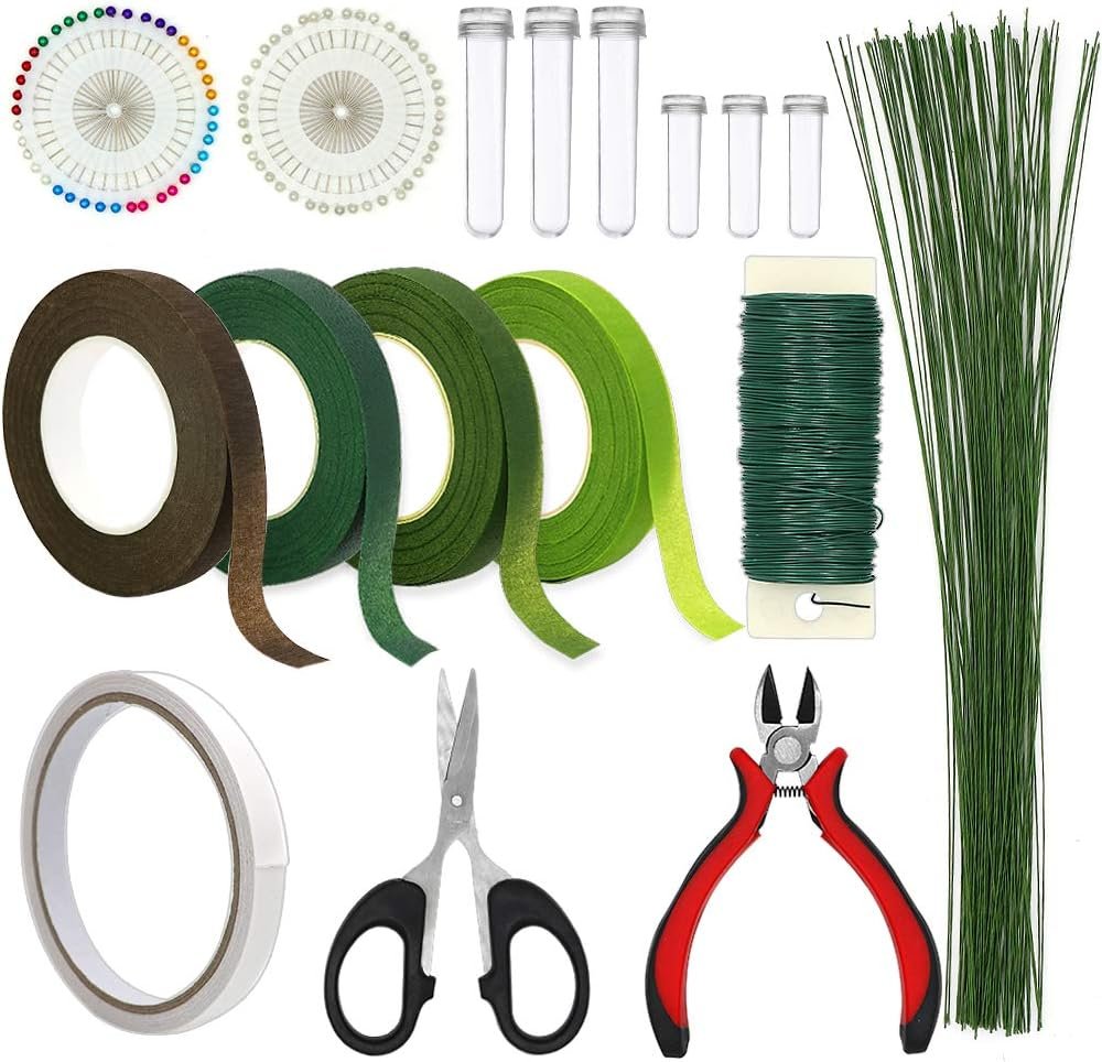 Floral Arrangement Kit,17 Pieces Flower Tools Include Floral Wire Cutter Scissor Floral Tape 22 Gauge Paddle Wire 26 Gauge Stem Wire Pearl Corsage Pin Bouquet Wrap Florist