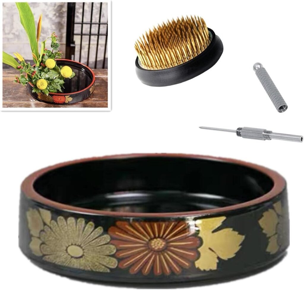 Japanese Flower Frog Ikebana Vase Kit Flower Container with 2.4 Floral Frog and 2 in 1 Kenzan Needle Straightening Tool-8.3 Plastic Ikebana Bowl