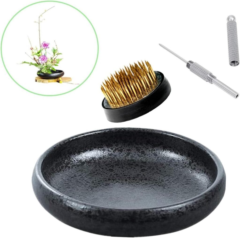 Japanese Ikebana Vase Kit, Flower Shallow Container Ceramics Ikebana Vase with 1.57inch Flower Frog and Floral Frog Floristry Kenzan Needle Straightening Tool (Frosted Bowl A with Spots)