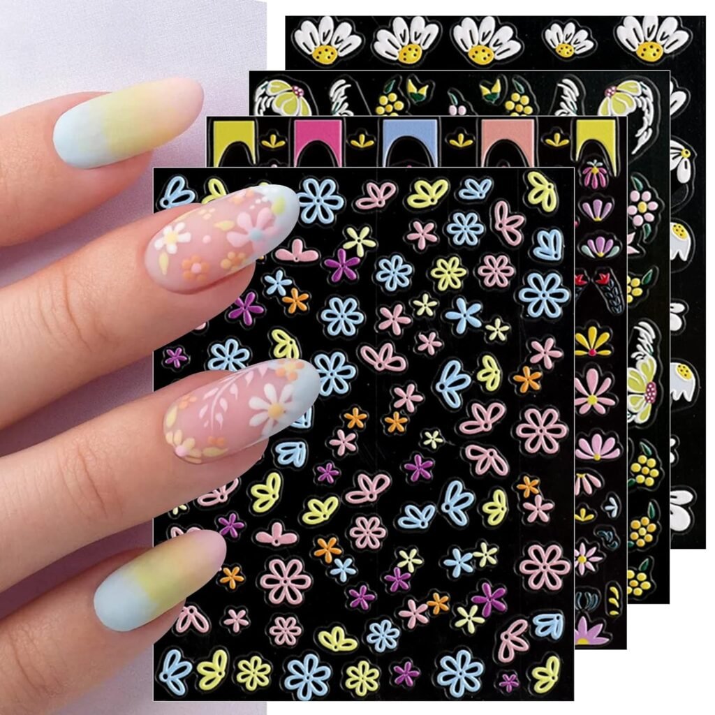 JMEOWIO 3D Embossed Spring Flower Nail Art Stickers Decals Self-Adhesive Pegatinas Uñas 5D Colorful Summer Floral Nail Supplies Nail Art Design Decoration Accessories 4 Sheets